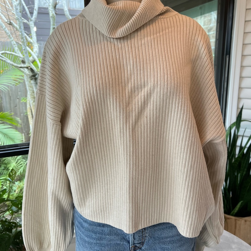 Good American Light Beige Cowl Neck Sweater with Chunky Knit and Oversized Fit